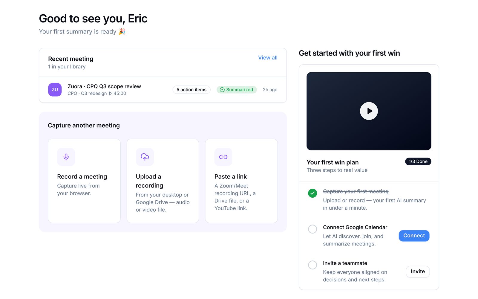 The Meeting Dashboard example: a recent-meeting card with badges, three capture tiles, and a getting-started checklist with Connect and Invite buttons.